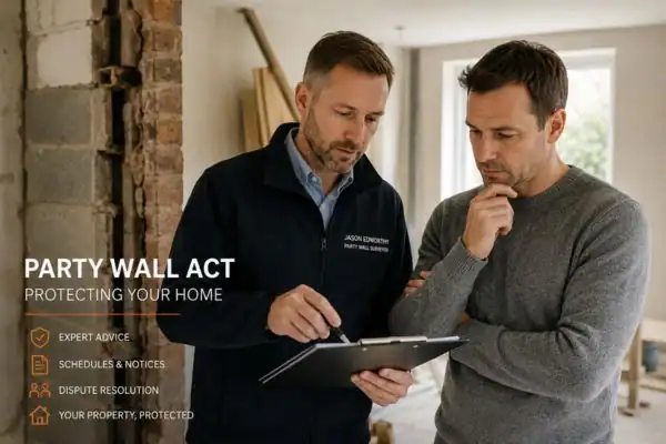 Party wall surveyor Worthing discussing extension plans with homeowner outside a UK semi-detached house.